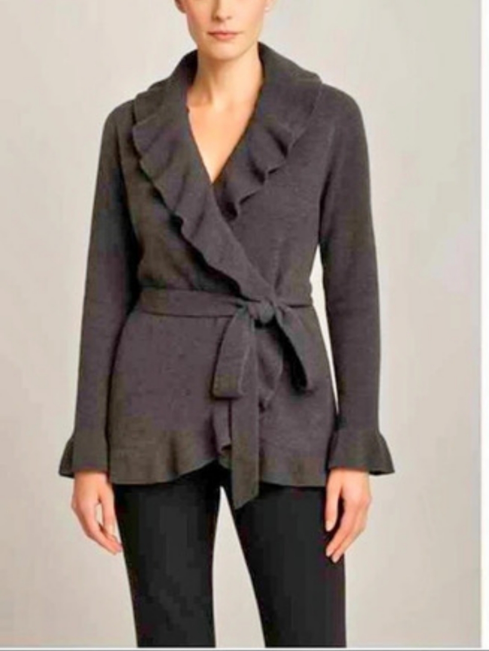 INC International Concepts Black Wool Wrap Ruffle Jacket